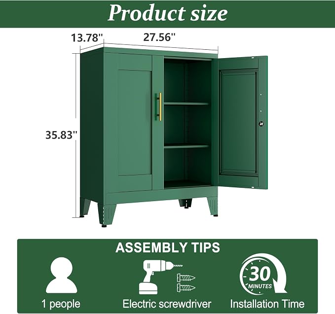 Green Metal Storage Cabinet, 36" Tall Locking Storage Cabinet with 2 Adjustable Shelves, Steel Locker Organizer, for Office, Home, School, 2PS