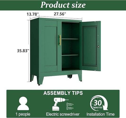 Green Metal Storage Cabinet, 36" Tall Locking Storage Cabinet with 2 Adjustable Shelves, Steel Locker Organizer, for Office, Home, School, 2PS