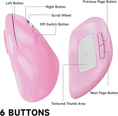 memzuoix Ergonomic Wireless Mouse, 2.4G Optical Cordless, 800/1200/1600 DPI, Vertical Computer Mouse for Laptop, Mac, PC, Desktop (Right Hand, Large) - Pink