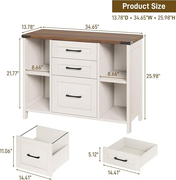 Halitaa 3 Drawer File Cabinet, Farmhouse Lateral Filing Cabinet Fits File Letter or A4 Size, Wooden Printer Stand with Open Storage Adjustable Shelf for Home Office, White