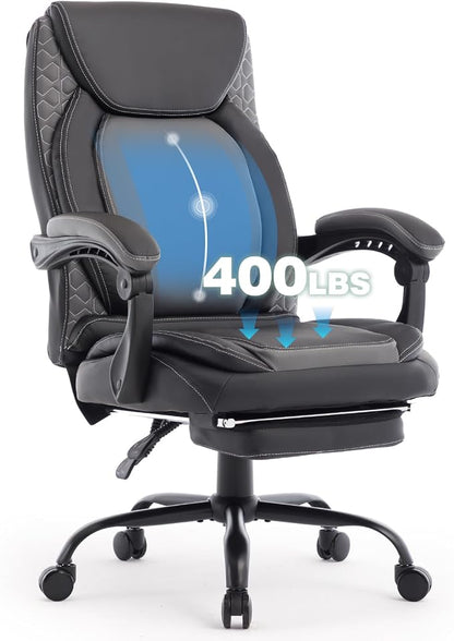 Reclining Ergonomic Office Chair with Footrest, Big Tall Recliner Office Desk Chairs with Lumbar Support, 400lbs Heavy Duty High Back Leather Executive Computer Chair with Wheels, Back Grey