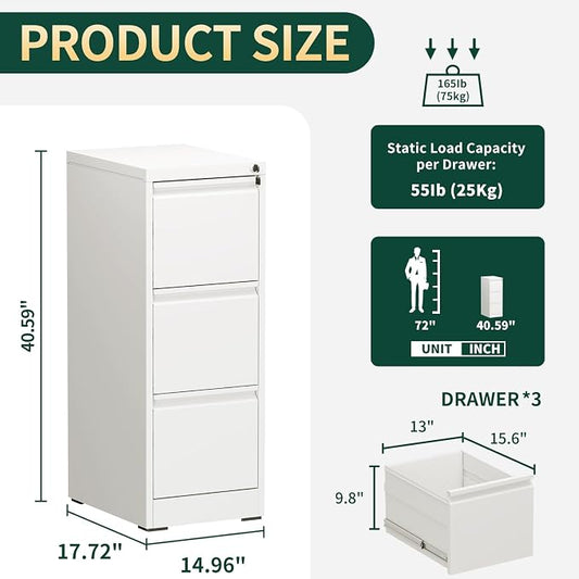 3 Drawer File Cabinet with Lock, Metal Vertical Filing Cabinet, Filing Cabinets for Home Office, Locking File Cabinet Hanging Files for A4/ Legal/Letter, Require Assembly, White
