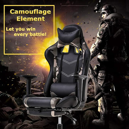 BestOffice | Ergonomic Gaming Chair | Camo | Reclining Computer Chair with Lumbar Support, Headrest Pillow, Adjustable Footrests | 360 Swivel with Heavy Duty Wheels | for Home & Office