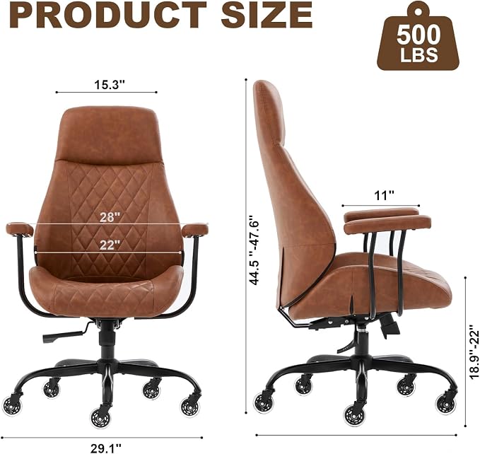 E-Motie Office Chair with Rubber Wheels, Ergonomic Computer Chair 500 lbs, Leather Desk Chair with Lumbar Support, Executive Chair Adjustable Height & Recline, Brown | Ergonomic, Lumbar Support, 360° Swivel & Rolling Wheels, Adjustable Height, for Adul...