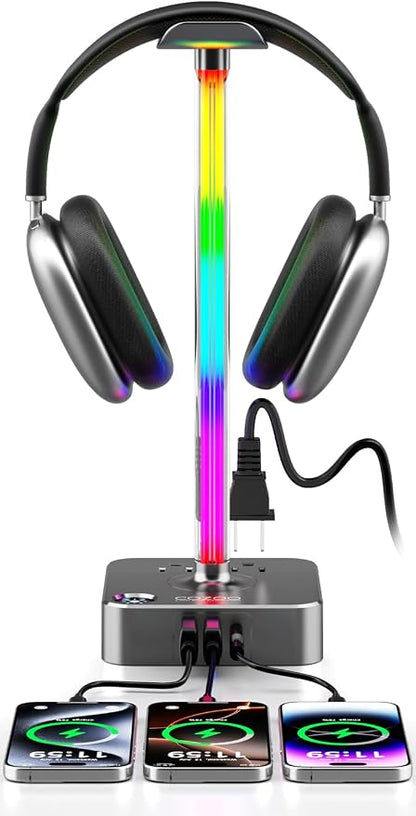 cozoo Gifts for Gamer Men All-in-One RGB Headset Stand & Charging Station | 3 USB Ports, 2 Outlets, Metal Space Gray | Gaming Equipment, Game Room Setup, Christmas Gifts for Him,Teen Boys,Tech Lovers