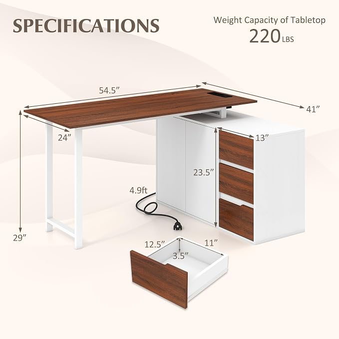 GOFLAME 54.5” L Shaped Computer Desk with Power Outlet, Reversible Corner Desk with File Cabinet and 3 Drawers, PC Desk Study Writing Table Workstation for Home Office, Small Space, Brown & White