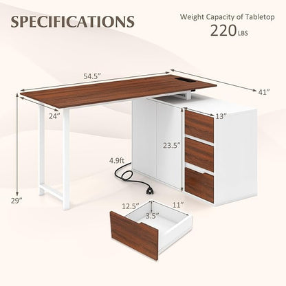 GOFLAME 54.5” L Shaped Computer Desk with Power Outlet, Reversible Corner Desk with File Cabinet and 3 Drawers, PC Desk Study Writing Table Workstation for Home Office, Small Space, Brown & White