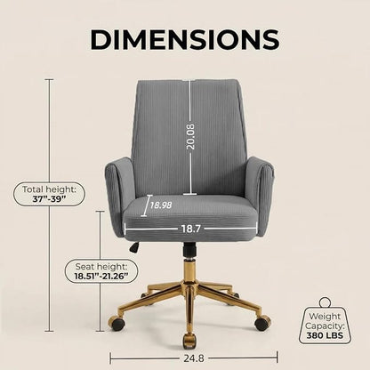 Stripes Velvet Home Office Desk Chair, Accent Upholstered Modern Height Adjustable Swivel Chair with Wheels,Ergonomic Task Chair for Living Room,Bedroom,Vanity,Study,Office（Gray）