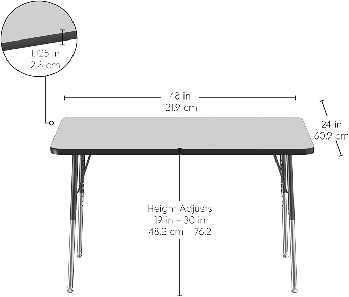 FDP Rectangle Activity School and Office Table (24 x 48 inch), Standard Legs with Swivel Glides, Adjustable Height 19-30 inches; Quick Ship Single Box - Gray Top and Black Edge