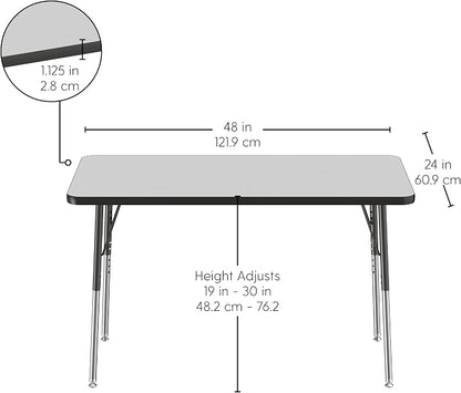 FDP Rectangle Activity School and Office Table (24 x 48 inch), Standard Legs with Swivel Glides, Adjustable Height 19-30 inches; Quick Ship Single Box - Gray Top and Black Edge