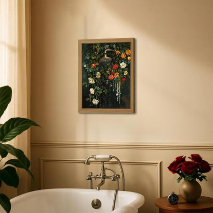 CXQILVER Vintage Framed Floral Bathroom Wall Art Canvas, Green Botanical Flowers Shower Wall Decor, Rustic Farmhouse Bathroom Decor Aesthetic Picture Artwork for Bedroom Living Room Guest Bath 16x24in