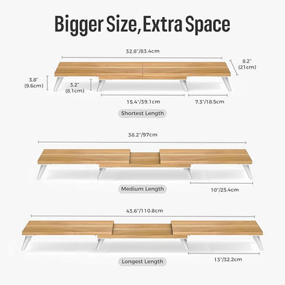 loukin Dual Monitor Stand Riser for Desk, 43.6"*8.2"*3.2" Large Computer Stand for 2 Monitors, Laptop, Printer, Length and Angle Adjustable Computer Shelf, Home Office,Max 43.6" Length Natural
