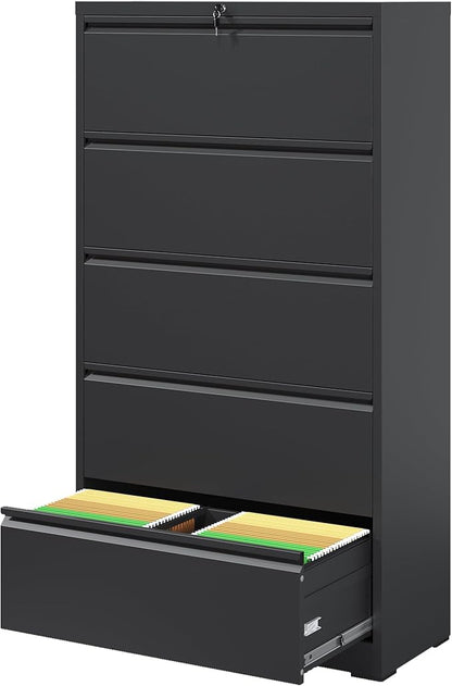 IKIMI 5 Drawer Lateral File Cabinets with Lock,Metal Lateral Filing Cabinet for Home Office,Wide Steel Storage Cabinet Commercial Drawer for Legal/Letter/A4 Size Files Assembly Required
