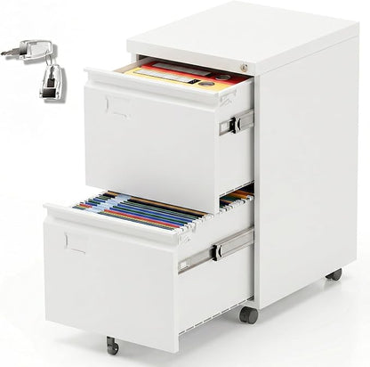 METAN 2 Drawer Vertical File Cabinet with Lock, Mobile Metal Filing Cabinet for Legal/Letter Size, Office Storage File Cabinet Under Desk with Card Holder,Assembly Required,White