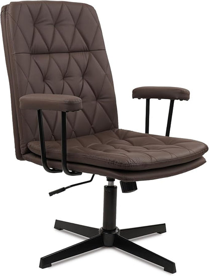 CLATINA Office Chair No Wheels, Leather Criss Cross Desk Chairs with Arms, Modern Cross Legged Computer Chair, Mid Back Height Adjustable Swivel Task Vanity Chair for Home Office, Chocolate Brown