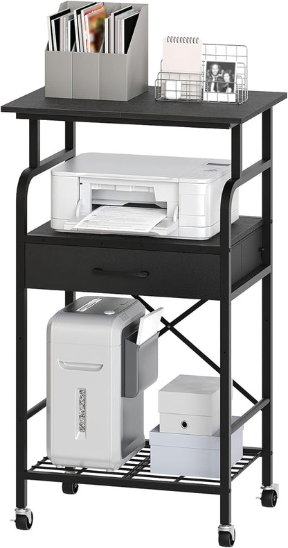 MAHANCRIS Tall Printer Stand, 3 Tier Printer Cart with Storage, Industrial Printer Table on Wheels, Adjustable Shelf & Fabric Drawer, for Home Office Study Black PTBK5501