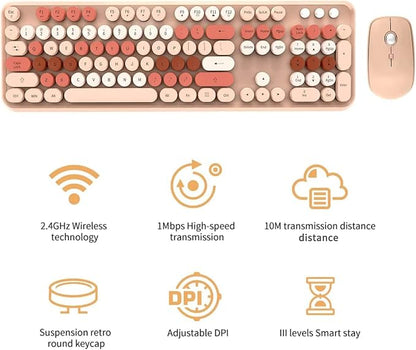 Beige Wireless Keyboard and Mouse Combo, Cute Aesthetic Typewriter Keyboard with Round Keys, 2.4Ghz Retro Bubble Full Size Wireless Keyboard with Number Pad for Long Nails PC Laptop