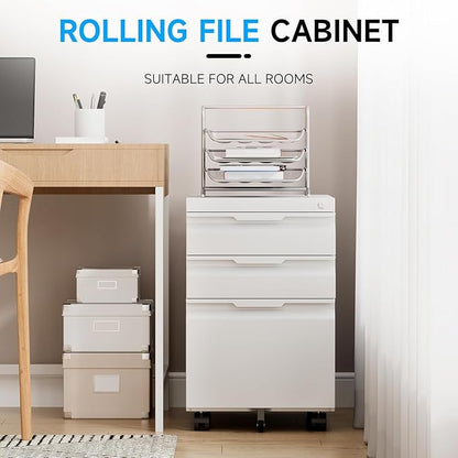 3 Drawer Mobile File Cabinet with Lock, Metal Filing Cabinet, Under Desk Rolling Small Filing Cabinet with Wheels for Home Office Storage, Fits Legal/A4/Letter/Document Size, Required Assembly, White