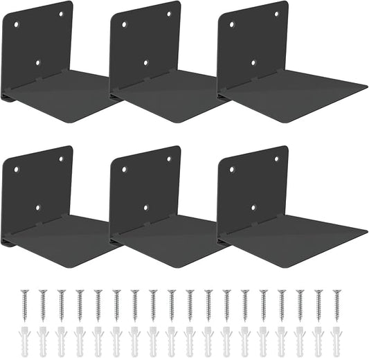 FENTEC Floating Book Shelves for Wall, Wall Mounted Invisible Floating Bookshelf, Heavy-Duty Hanging Bookshelves, Hidden Book Shelf Metal Wall Book Holder for Bedroom Home Office, 6-Pack Black