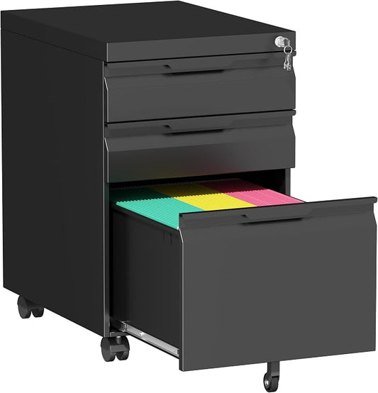 Bestoo Mobile File Cabinet with Lock, 3 Drawer Filing Cabinet, Under Desk Metal Rolling Filing Cabinets for Home Office, Fits Letter/Legal/A4 Size File, Easy Assembly