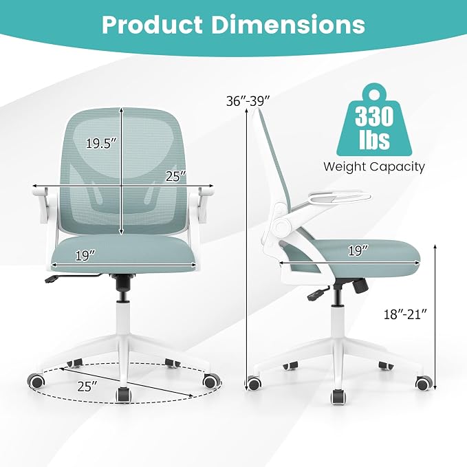 COSTWAY Office Chair, Comfy Swivel Rolling Desk Chair with Adjustable Height & Flip-Up Armrests, Ergonomic Mesh Computer Chairs with Lumbar Support for Working & Gaming (Blue)