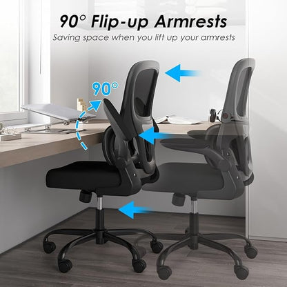 Soohow Office Chair, Mesh Ergonomic Office Chair with Lumbar Support, Comfy Swivel Computer Desk Chair with Flip Armrest Rolling Wheels for Home Study Room Office, Black & Black