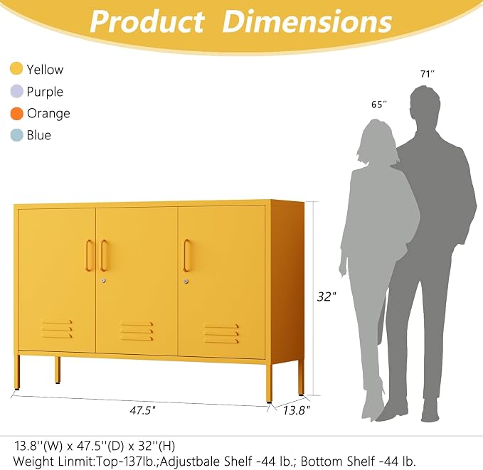 47.5" Wide Yellow Metal Storage Cabinet with Lock and Ventilated Doors, 2 Adjustable Shelves, Heavy Duty Home Metal Accent Locker for Kitchen Office Living Room Hallway