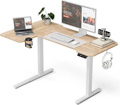 Acrolix L Shaped Electric Standing Desk - 51x31.5 Inch Reversible Corner Sit Stand Desk with Hook&Cup Holder,Electric Height Adjustable Table,for Small Home Office&Bedroom Computer Desk, Oak