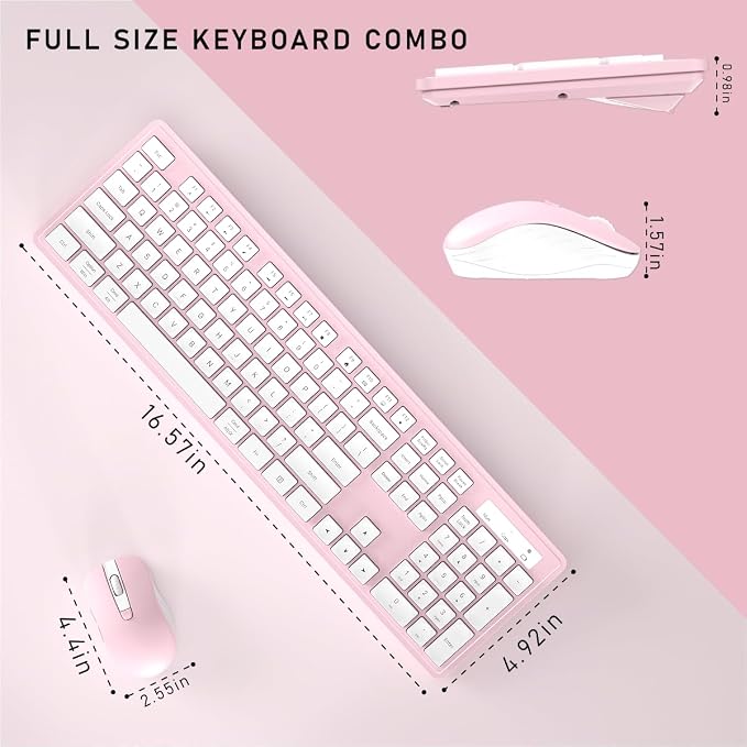 Wireless Keyboard and Mouse, 2.4GHz Cordless Keyboard Mouse Combo, Optical Mouse, Plug and Play USB Receiver, Compatible with Windows, Mac, Laptop, and PC（White Pink）
