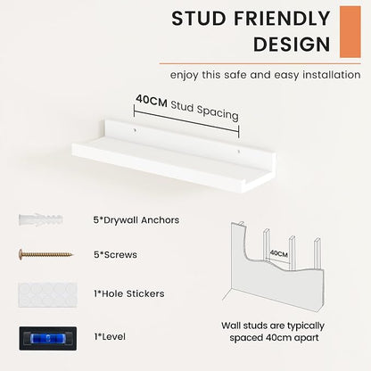 FLYJOE Picture Ledge Shelf, Floating Shelves Set of 2, 16 Inches Nursery Book Shelves for Toys Storage, Kids Bookshelf Wall Mounted for Living Room Bedroom Decor Books Photo Frames, White