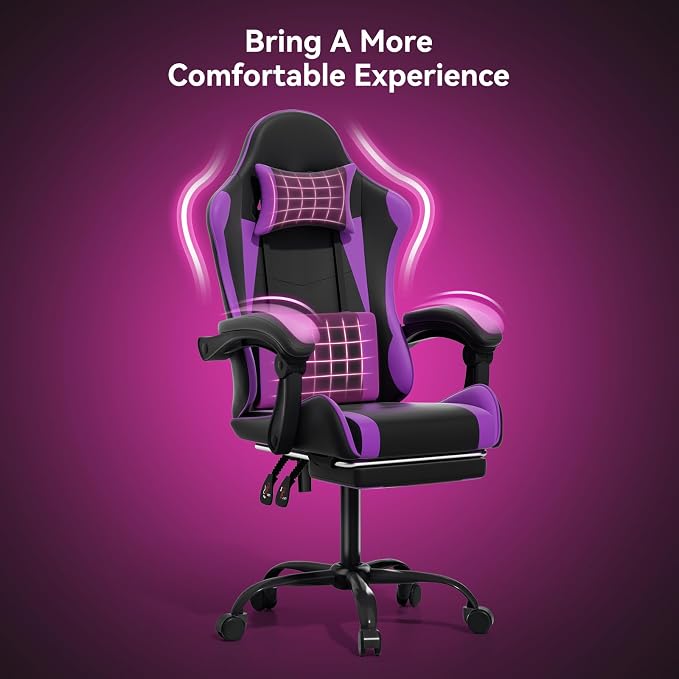 Gaming Chair, Ergonomic Computer Chairs with Arms, Lumbar Support, Footrest, Headrest 360°Swivel Chair, Adjustable Back and Height, Leather PC Chairs for Gaming, Study, Office, Black/Purple