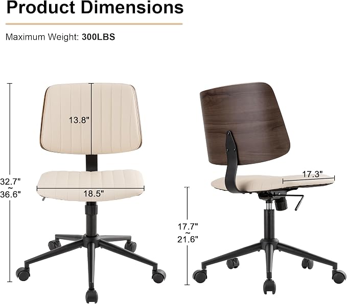 Home Office Desk Chair with Wheels,Modern Walnut Small Desk Chair,Armless Mid Back 360 Swivel Computer Chair,Adjustable Height No Arms PU Leather Chair for Office,Reading,Meeting Room (Beige)