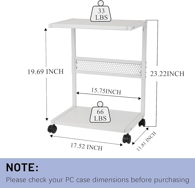 Bfttlity PC Stand Computer Tower Stand 2-Tier Metal CPU Holder with Locking Caster Wheels Suitable for Most PC (S, White)