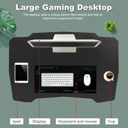 BestOffice Gmaing Desk 35.4in PC Computer Desk, Blue Ergonomic Gaming Table Z Shaped Gaming Workstation with Headphone Hook for Home Office，Blue