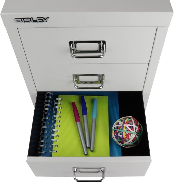 Bisley 3-Drawer Steel MultiDrawer Cabinet - Light Grey | Chrome Pull Handles with Label Holders, Powder-Coated Steel, Removable Drawers, Desktop Storage, Labels Included