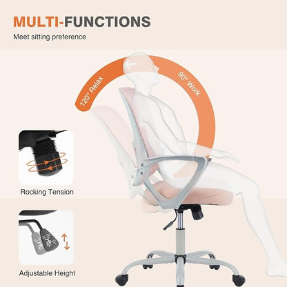 Sweetcrispy Ergonomic Mid-Back Mesh Home Office Desk Chair with Wheels, Managerial Executive Chair with Lumbar Support, and Comfortable Armrests for Home, Bedroom, Study, Office, Pink