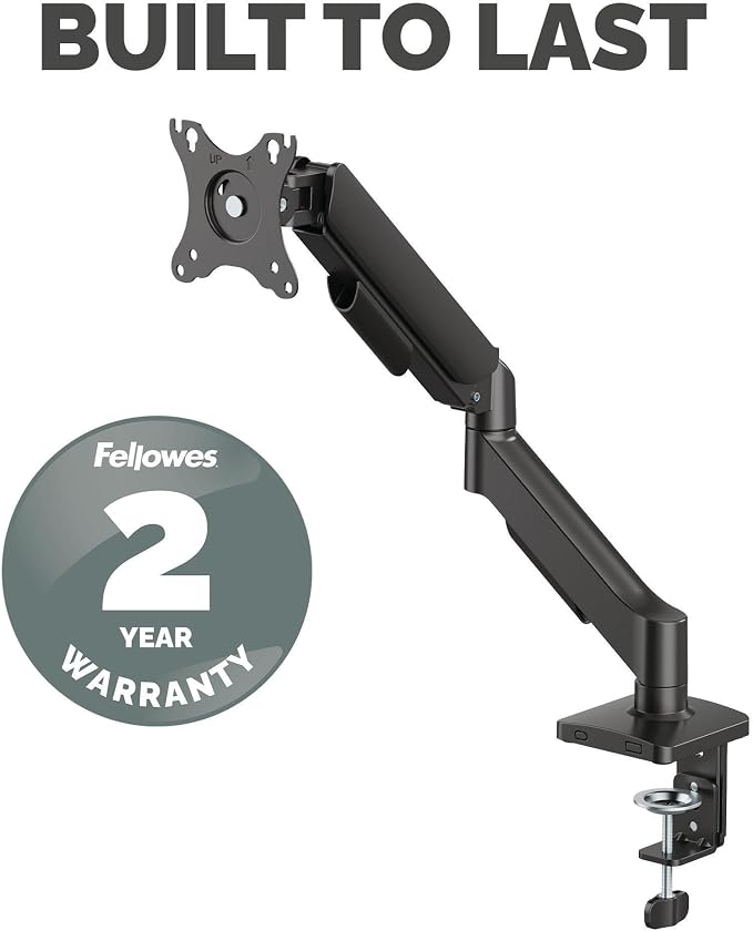 Fellowes Everyday Plus Single Gas Spring Monitor Arm Supports up to 32" Screens Weighing 4.4-19.84 lbs, Height Adjusting, Tilt, Swivel, Rotate, VESA 75/100, Clamp or Grommet Mount, Cable Management