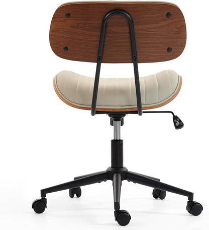 Home Office Chair with Wheels, Adjustable Height Leather Swivel Desk Computer Chair, Armless Modern Walnut Chair for Office, Meeting Room, White