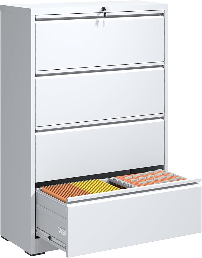 File Cabinets 4 Drawer,Metal Office Storage Filing Cabinet with Lock,White Lateral Filing Cabinet for Home Office,Horizontal Locking File Cabinet for Legal/Letter/A4,Assembly Require,White