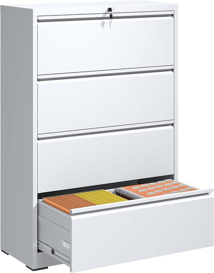 File Cabinets 4 Drawer,Metal Office Storage Filing Cabinet with Lock,White Lateral Filing Cabinet for Home Office,Horizontal Locking File Cabinet for Legal/Letter/A4,Assembly Require,White