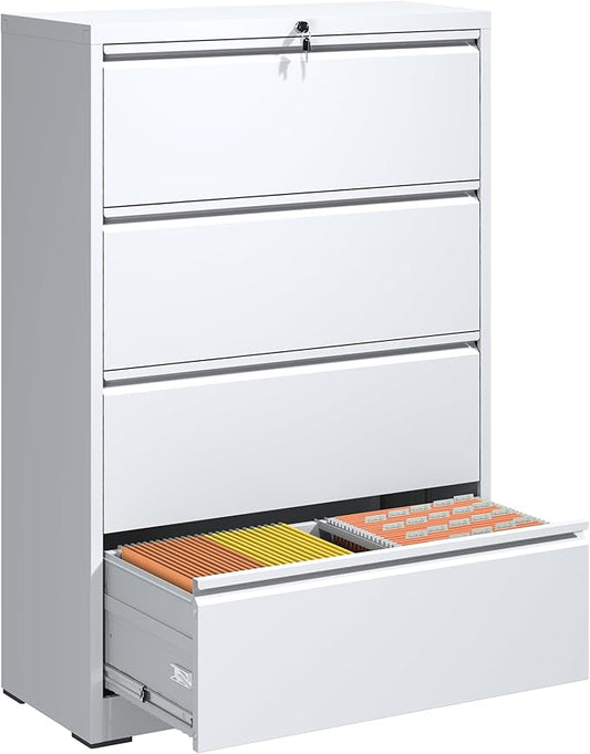File Cabinets 4 Drawer,Metal Office Storage Filing Cabinet with Lock,White Lateral Filing Cabinet for Home Office,Horizontal Locking File Cabinet for Legal/Letter/A4,Assembly Require,White