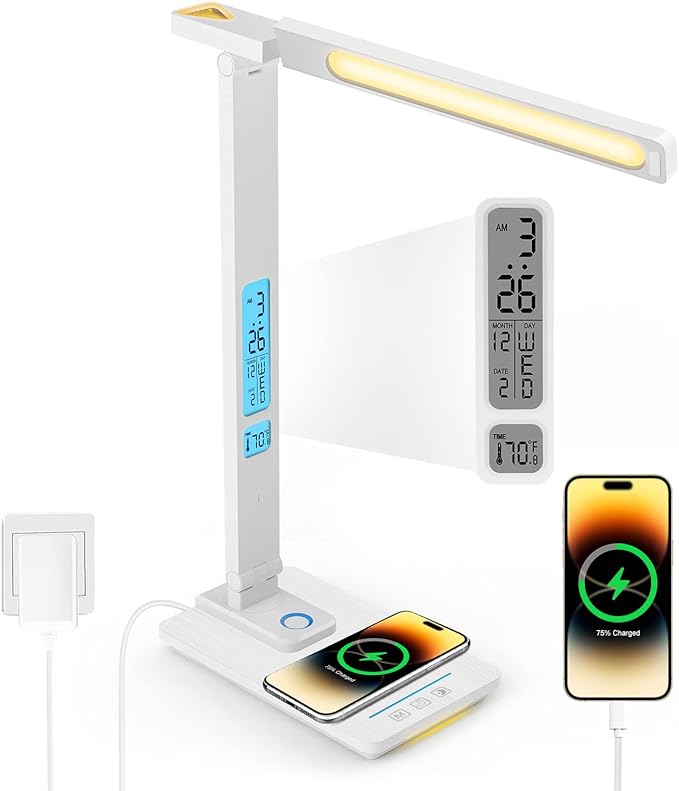 LAOPAO LED Desk Lamp with Wireless Charger: Desk Lamps for Home Office Bedroom, 5 Color Modes & Brightness Dimmable, 2 Night Light