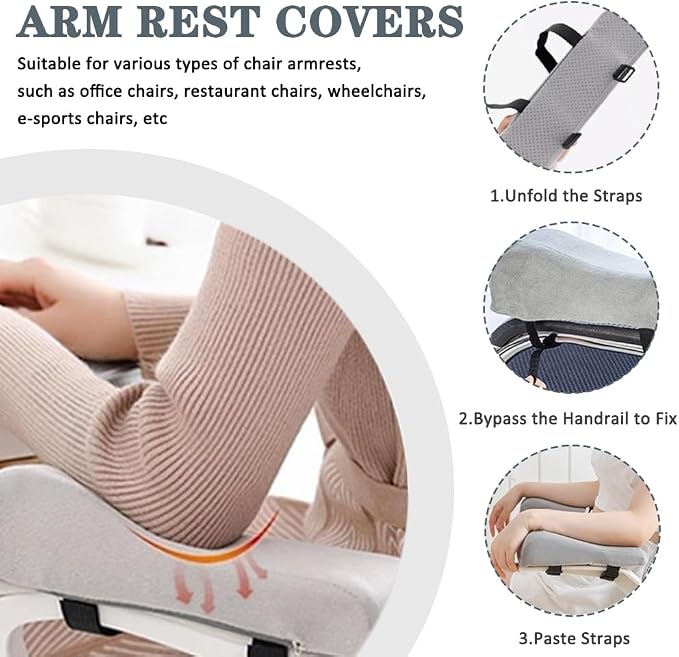 2 Pack Office Chair Armrest Pads Covers,Arm Rest Pad with Memory Foam Elbow Pillow for Forearm Pressure Relief, Arm Rest Covers for Office Chairs, Wheelchair, Comfy Gaming Chair (Grey)