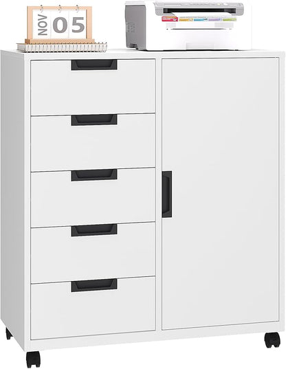 5-Drawer Metal Storage Cabinet with Adjustable Shelves and Wheels, Printer Stand with Storage, Craft Organizers and Storage Drawers, Rolling File Cabinets for Home Office(White)