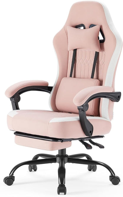 Computer Gaming Chair - High Back Ergonomic Desk Chair with Footrest and Lumbar Support, Height Adjustable Task Chair with Linkage Armrests and Headrest, 360° Swivel Wheels, Pink