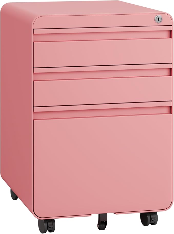Dripex 3 Drawer Pink File Cabinet, Mobile Under Desk Storage File Cabinet with Lock on Wheels, Letter/Legal Size,Fully Assembled, Small Short Vertical Metal Rolling Filing Cabinets for Home Office