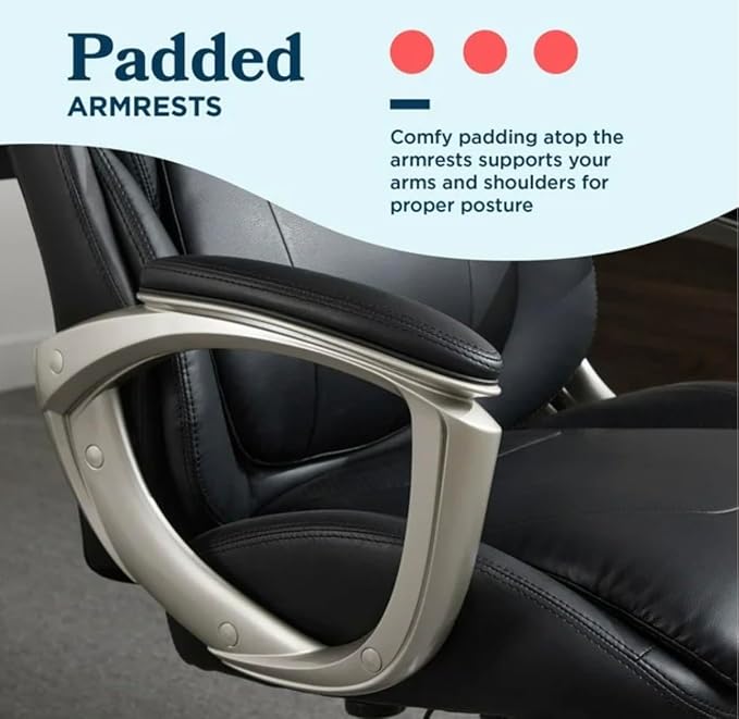 Lazzyboyy Executive Office Chair, Black Leather, Big and Tall, Active Lumbar Support, Ergonomic Design with Silver Base-Patented Active Lumbar Technology-Construction Supports up to 350lbs