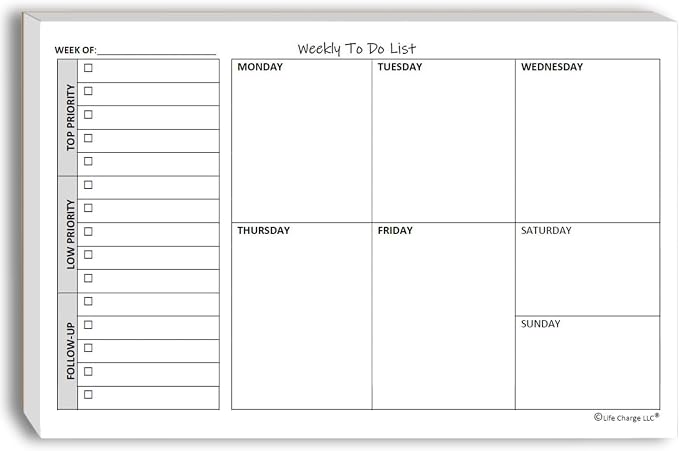 Life Charge Weekly TO DO List Notepads (2 Pack, 50 Pages Each) Task Pad Planner w/Daily Checklist, Priority ToDo & Note Sections. Desk Notebook Pad to Organize Office. 8.5 X 5.5, A5 Sheets.