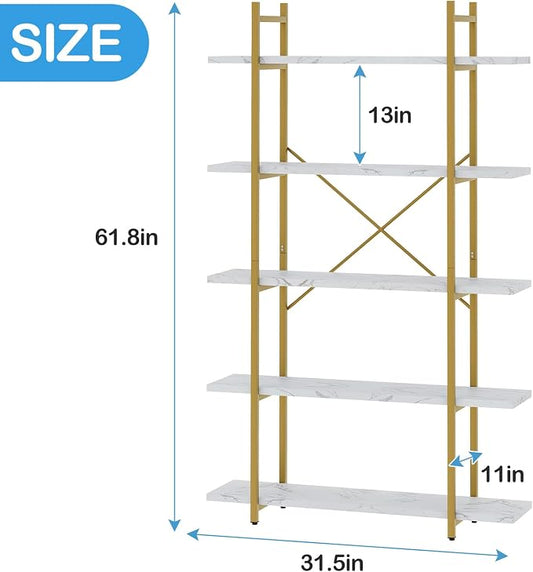 5 Tiers Bookshelf Organizer White Faux Marble Shelf,Modern Open Display Storage Bookcase, and Metal Bookshelf Standing Storage Shelf Tall Shelving Units for Home Office Study