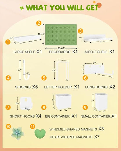 Metal Pegboard Kit — Carbon Steel Pegboards with 26 Accessories, Pegboard Wall Organizer for Home, Office, Study Room, Kitchen, Craft Room & Gaming Setup— 24″ × 16″ Green Peg Board
